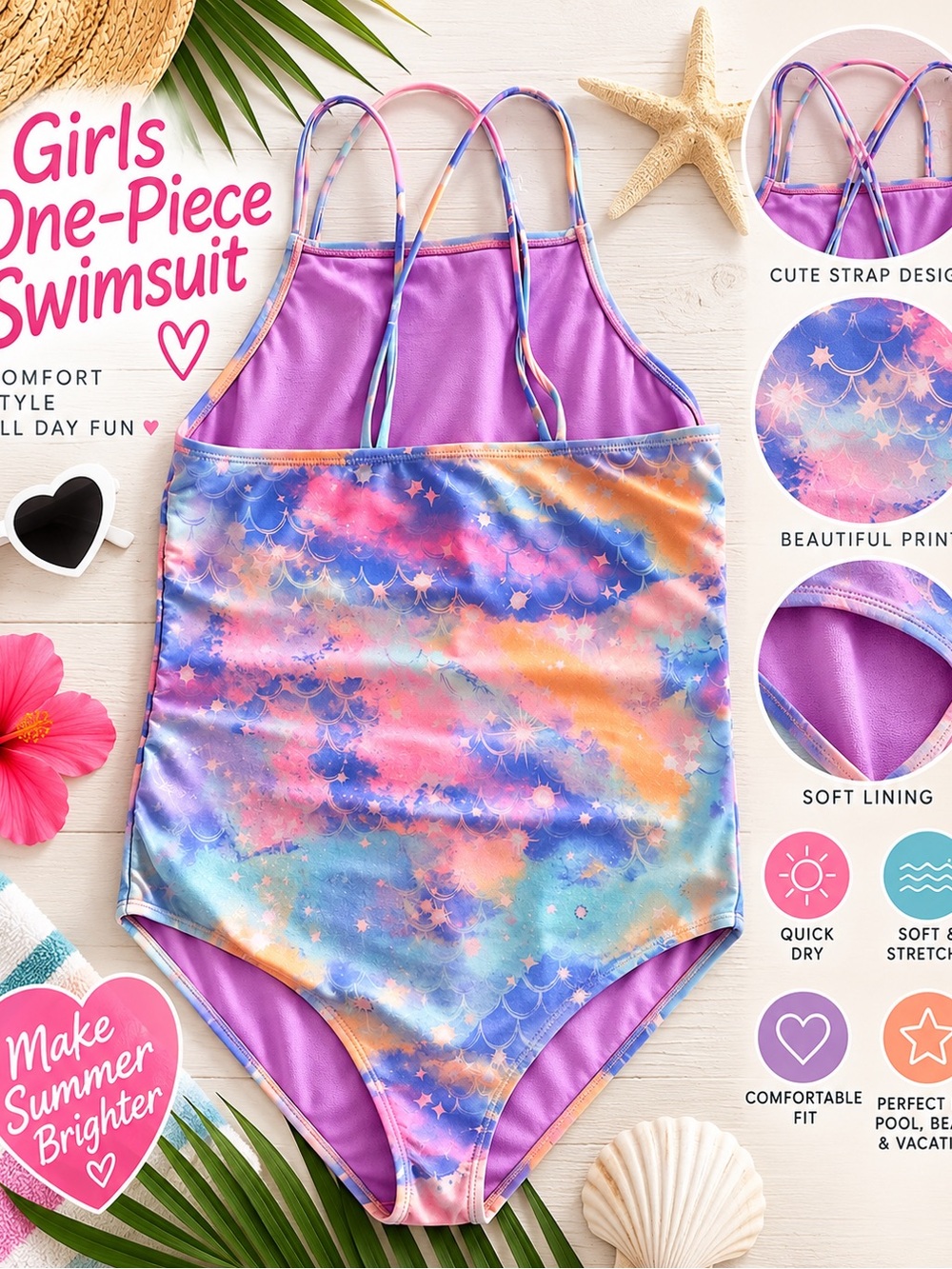 wonder nation Purple Multicolor Star Tie-Dye One-Piece Swimsuit